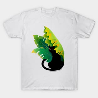 Black Cat Under a Banana Leaf T-Shirt